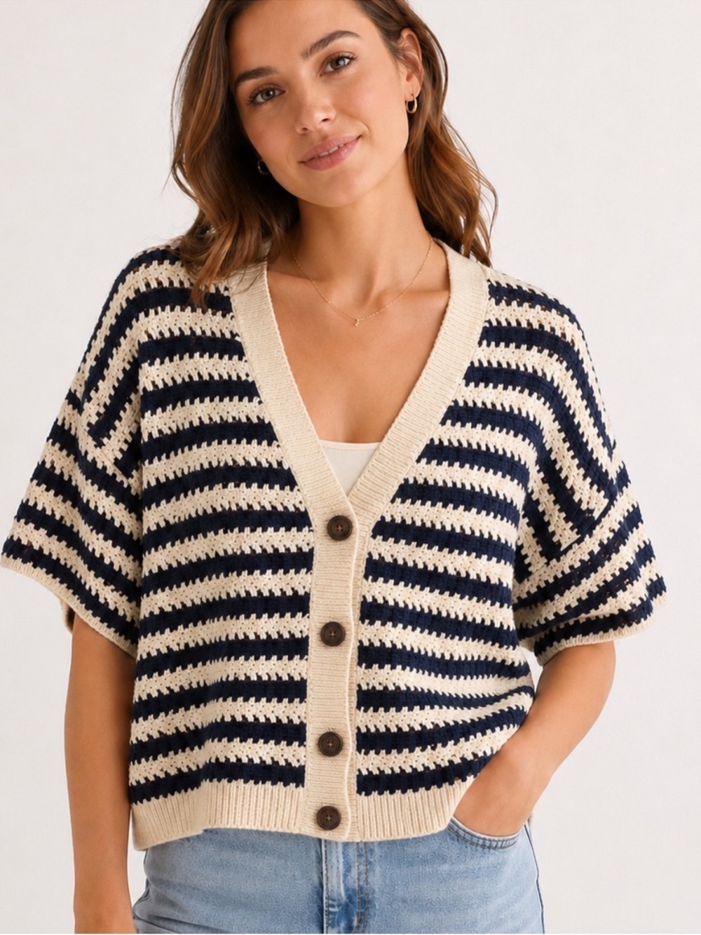 Universal Thread Cream & Navy Striped V-Neck Button Cardigan Large